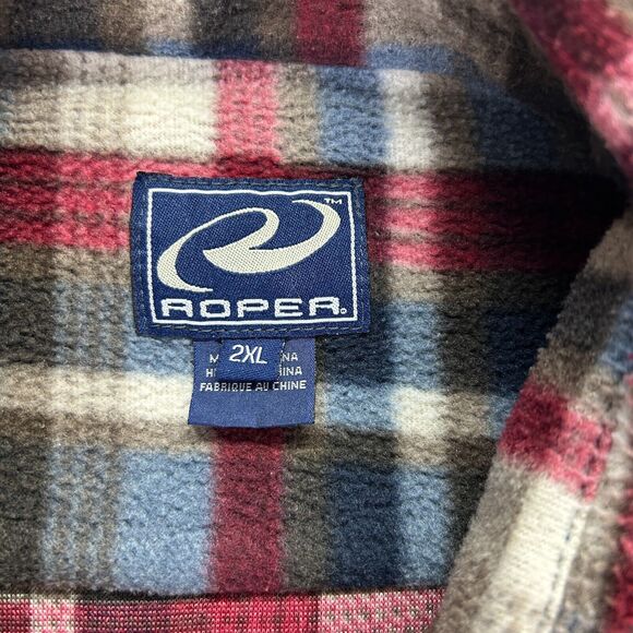 Roper Fleece Shirt Long Sleeve Button Up Mens 2XL Red Blue Plaid Front Pockets - Picture 3 of 8
